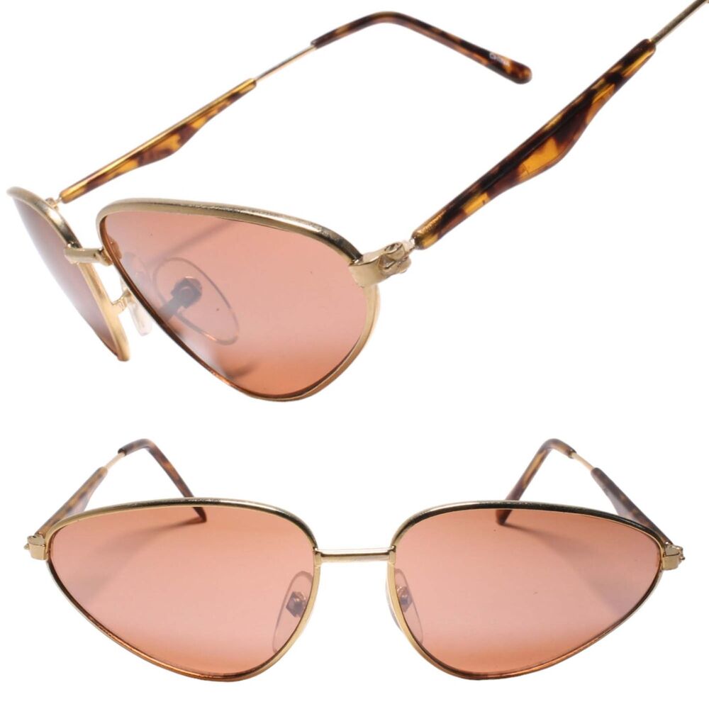 Genuine Vintage Angular Design Womens Cat Eye Gold Sunglasses Brown Lens